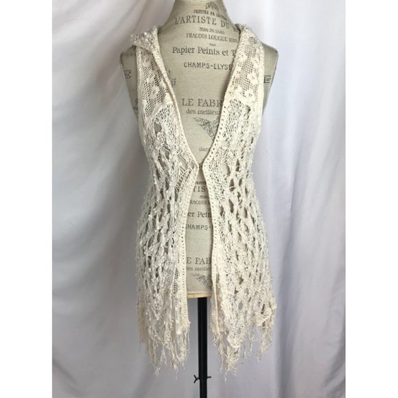 Free People Crochet Ivory Hoodie Sleeveless Boho - Picture 3 of 15